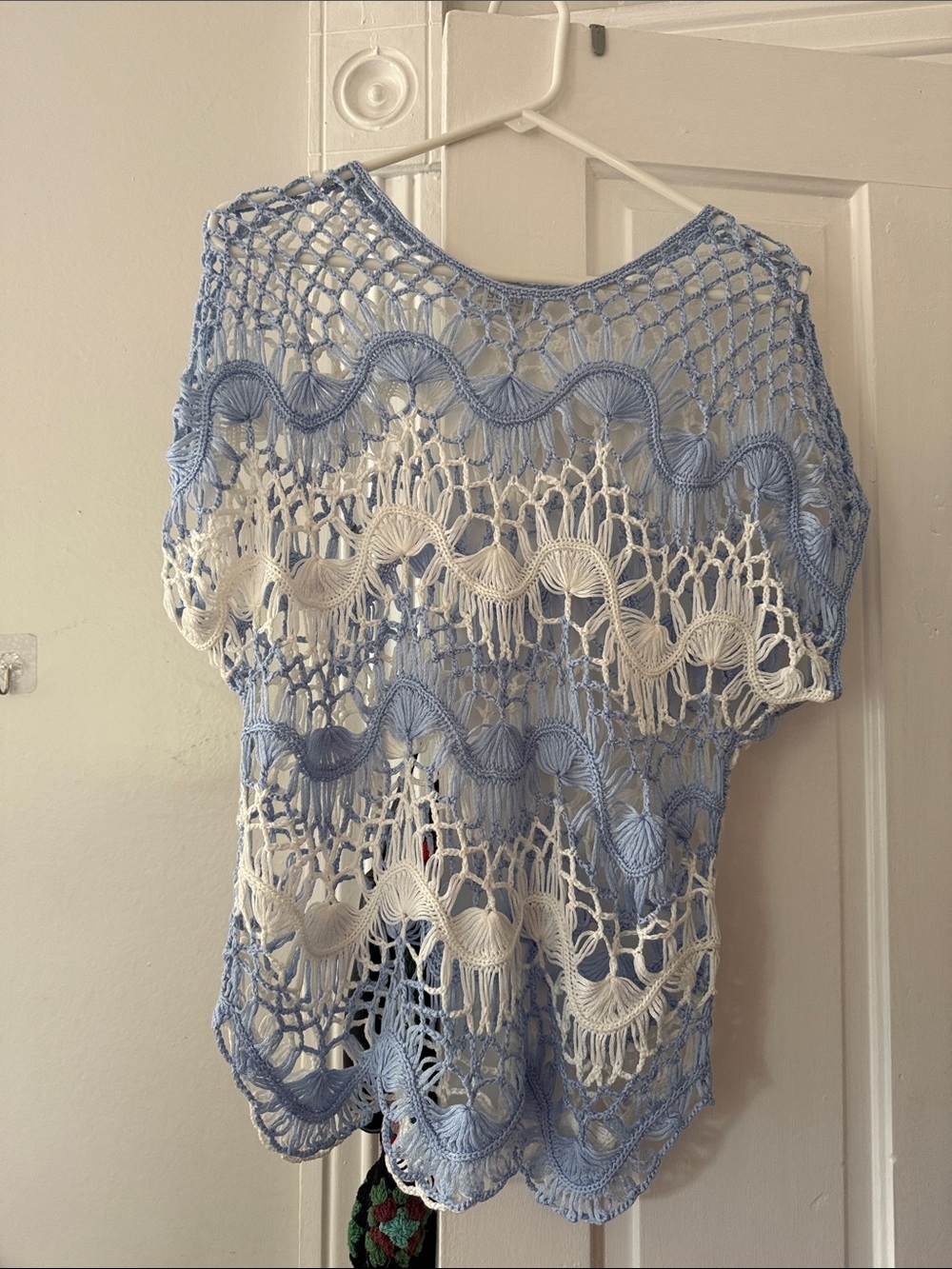 Light Blue and White Crochet Short Sleeve Top
